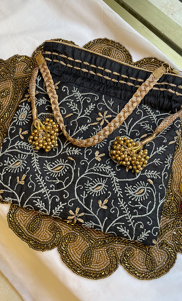 Black Chikankari Embroidered Potli Bag with Golden Bead Tassels - HONC0317191