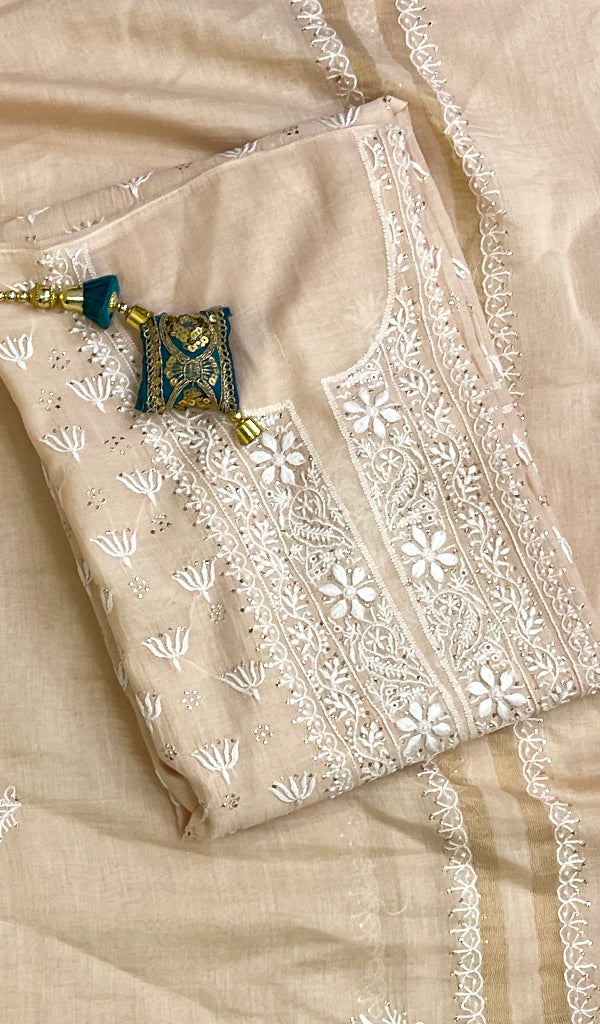 Women's Lakhnavi Handcrafted Mul Chanderi Semi - Stiched Kurta And Dupatta Set - HONC0154859