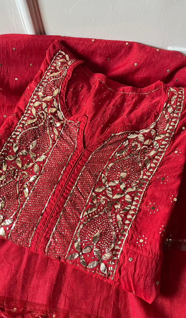 Women's Lakhnavi Handcrafted Mul Chanderi Semi - Stitched Kurta And Dupatta Set - HONC0267213