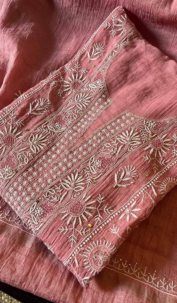 Women's Lakhnavi Handcrafted Tissue Chanderi Semi - Stitched Kurta And Dupatta Set - HONC0267045