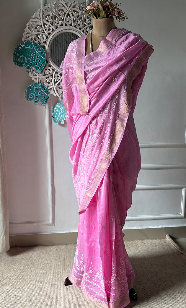 Women's Lakhnavi Handcrafted Chanderi Silk Chikankari Saree - HONC0273491