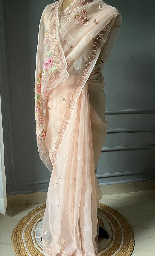 Women's Lucknowi Handcrafted Pure Organza Silk Chikankari Saree - HONC0282492
