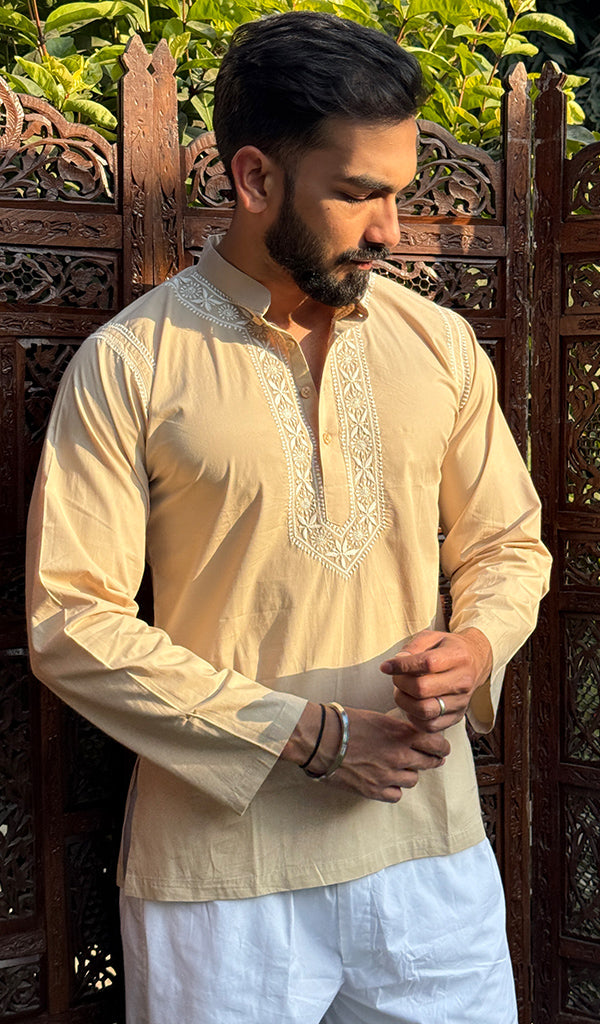 Men's Lucknowi Handcrafted Cotton Chikankari Short Kurta - HONC0121092