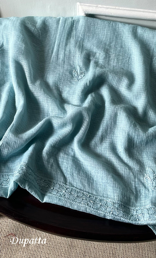 Women's Lakhnavi Handcrafted Kota Cotton Semi - Stitched Kurta And Dupatta Set- HONC0314208