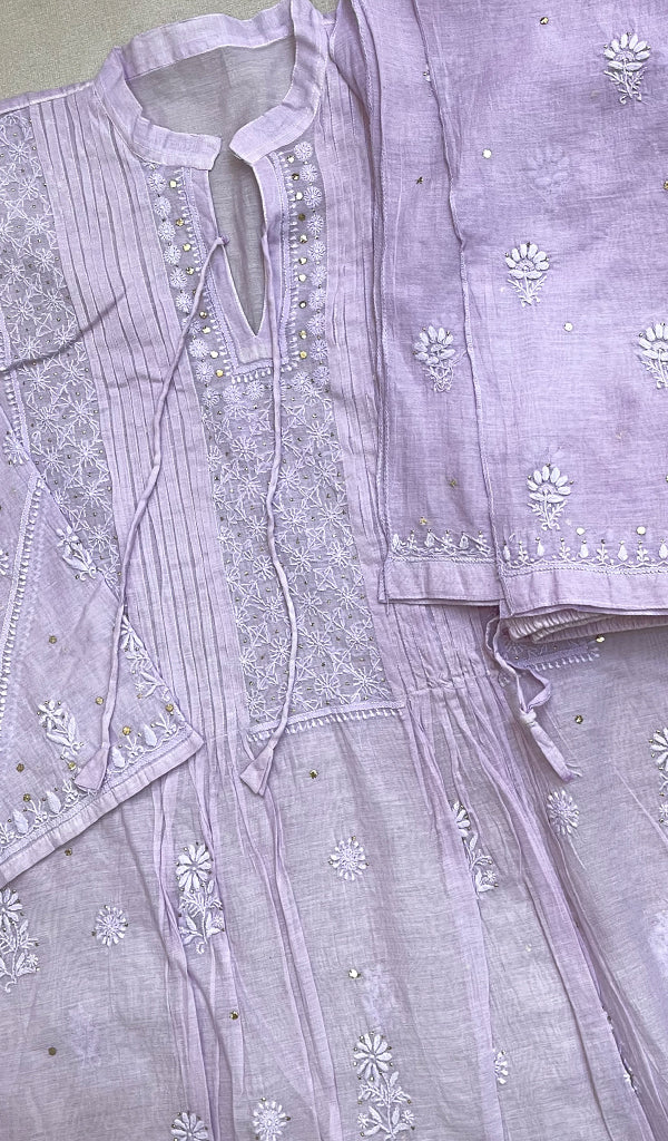 Siya Women's Lakhnavi Handcrafted Mul Chanderi Chikankari Semi - Stitched Kurta Palazo Set - HONC0193586