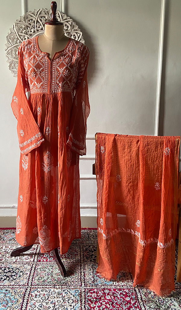 Women's Lakhnavi Handcrafted Mul Chanderi Semi - Stitched Chikankari Full Suit Material - HONC0326280