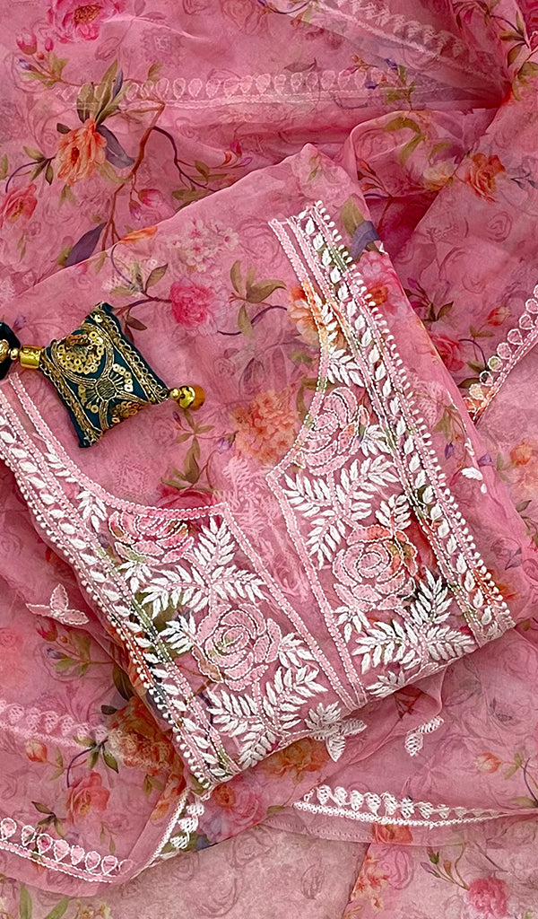 Women's Lakhnavi Handcrafted Organza Chikankari Unstitched Kurta And Dupatta Set - HONC0130912