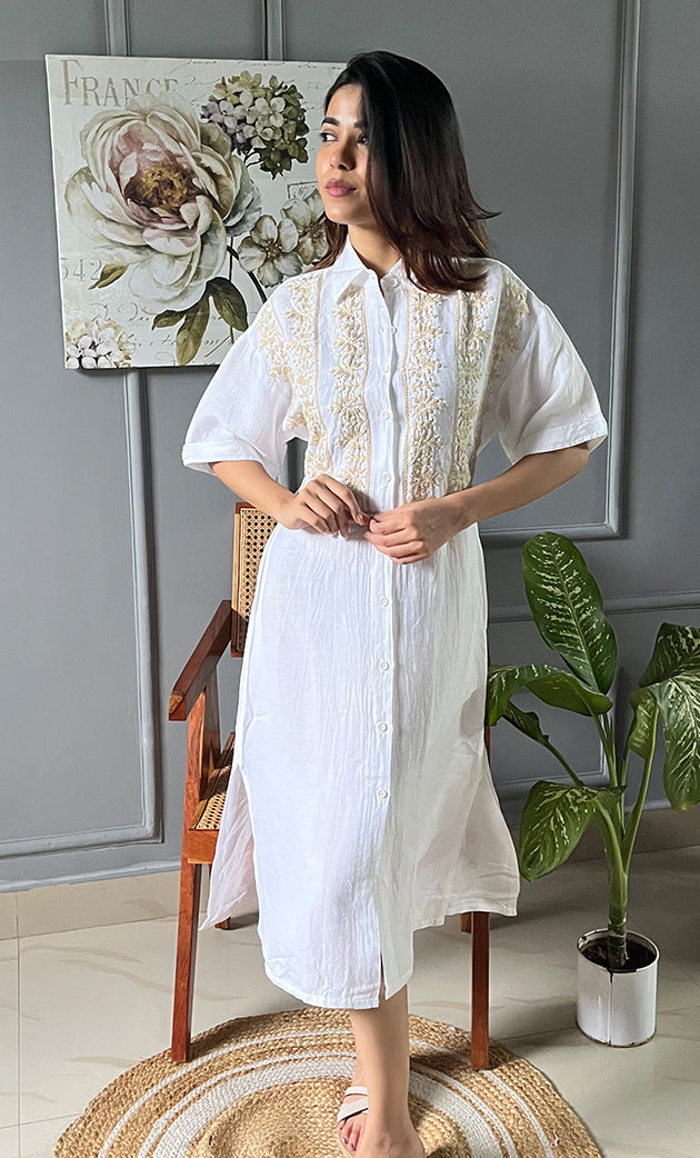 Women's Lucknowi Handcrafted Cotton Chikankari Long Dress - HONC0303394