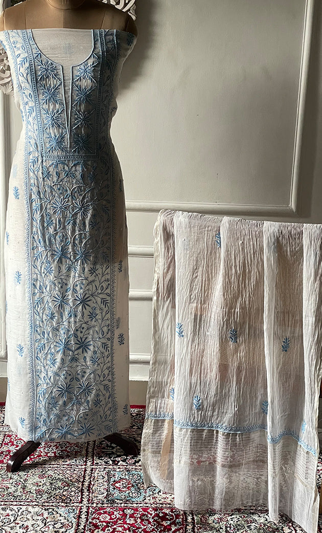 Women's Lakhnavi Handcrafted Unstitched Mul Chanderi Kurta And Dupatta Set - HONC0327480