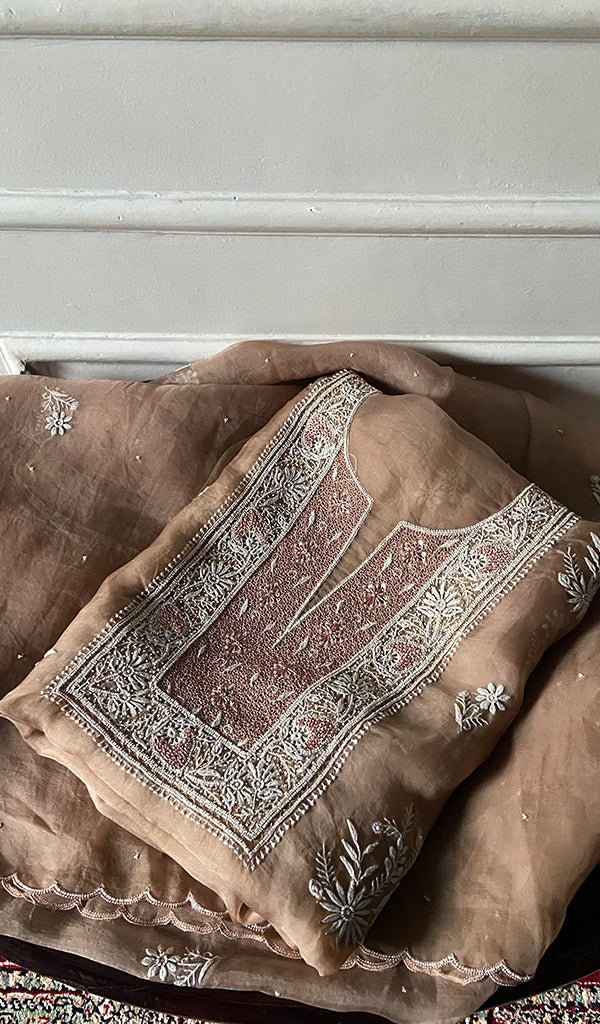 Women's Lakhnavi Handcrafted Pure Organza Chikankari Unstitched Kurta And Dupatta Set- HONC0341494