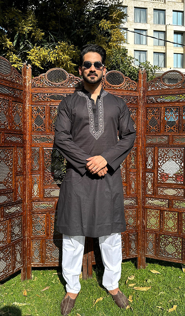 Men's Lucknowi Handcrafted Cotton Chikankari Kurta - HONC0341909
