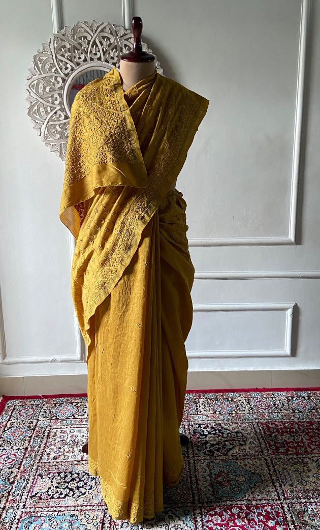 Women's Lakhnavi Handcrafted Chanderi Silk Chikankari Saree - HONC0340414