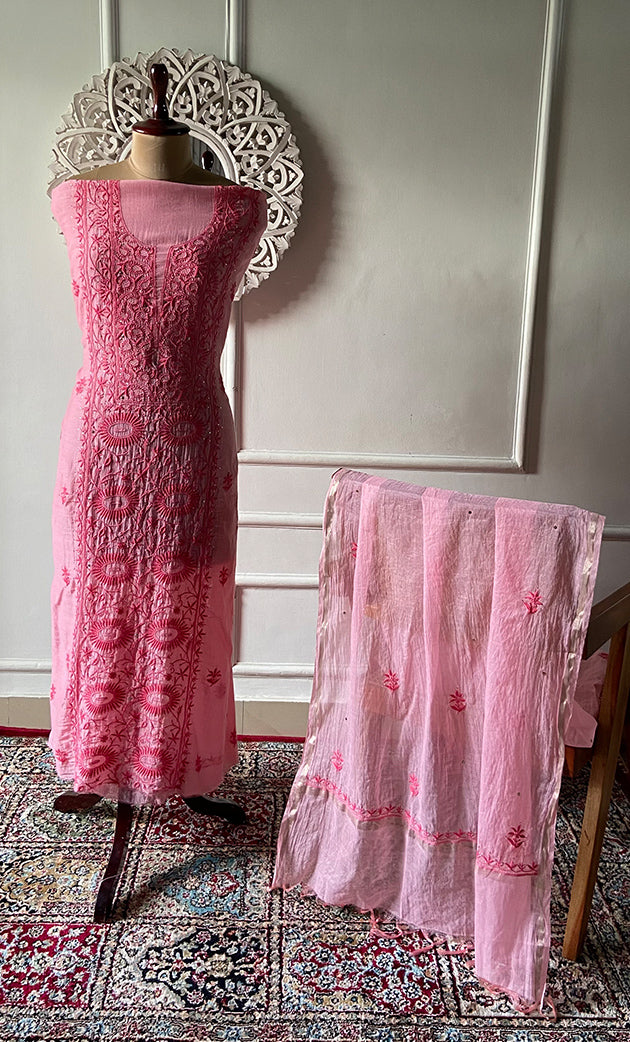 Women's Lakhnavi Handcrafted Mul Chanderi Unstitched Chikankari Full Suit Material - HONC0324503