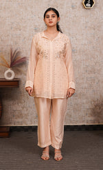 将图像加载到图库查看器中， Women&#39;s Lucknowi Handcrafted Mul Chanderi Stitched Chikankari Kurta And Plazzo Set- HONC0318571
