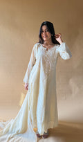 Laiba Women's Lucknowi Handcrafted Mul Chanderi Stitched Chikankari Anarkali , Dupatta With pant Set- HONC0354799