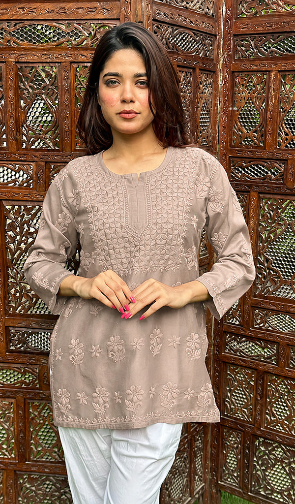 Hania Women's Lakhnavi Handcrafted Chanderi Silk Chikankari Top - HONC0383280