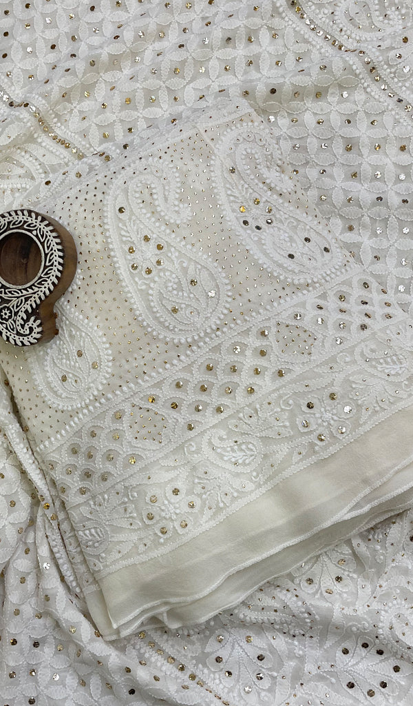 Women's Lakhnavi Handcrafted Bridal Pure Silk Georgette Chikankari Lehenga Set - HONC0111725