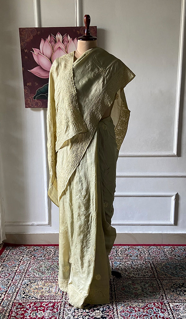 Women's Lakhnavi Handcrafted Tussar Silk Chikankari Saree - HONC0307380