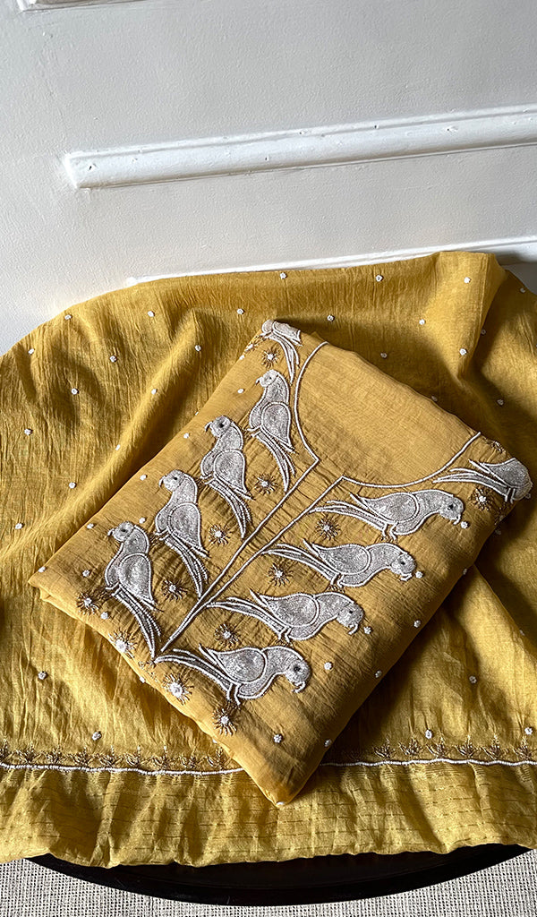 Chidiya Women's Lakhnavi Handcrafted Mul Chanderi Unstitched Chikankari Full Suit Material - HONC0320726