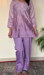 Anika Women's Lucknowi Handcrafted Chanderi Silk Chikankari Top with Farshi Salwar Set .