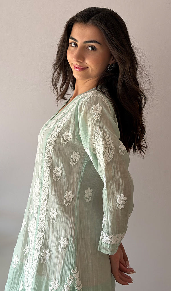 Women's Lucknowi Handcrafted Mul Chanderi Stitched Chikankari Kurta And Plazzo Set- HONC0378796