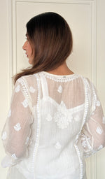 Women's Lucknowi Handcrafted Mul Chanderi Stitched Chikankari Short Kurta And Plazzo Set . (Copy)