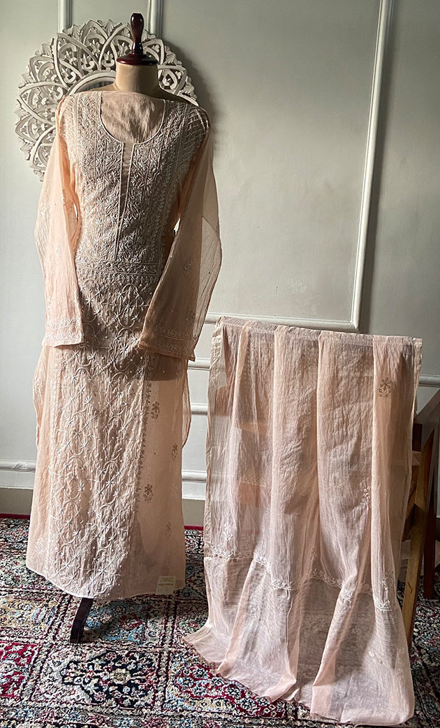 Women's Lakhnavi Handcrafted Mul Chanderi Semi - Stitched Kurta And Dupatta Set - HONC0295397