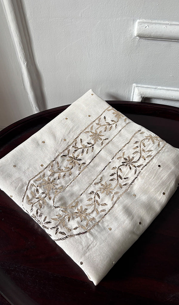 Lucknowi Handcrafted Chanderi Silk Chikankari Unstitched Men's Kurta Fabric - HONC0304298