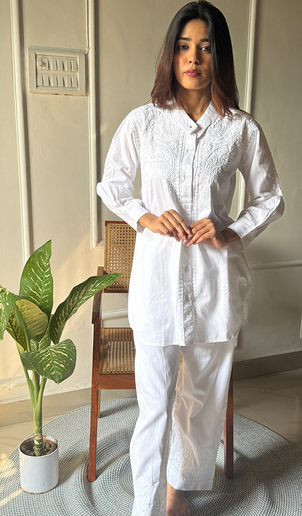 Women's Lakhnavi Handcrafted Cotton Chikankari Kurta And Pant Set - HONC0295962