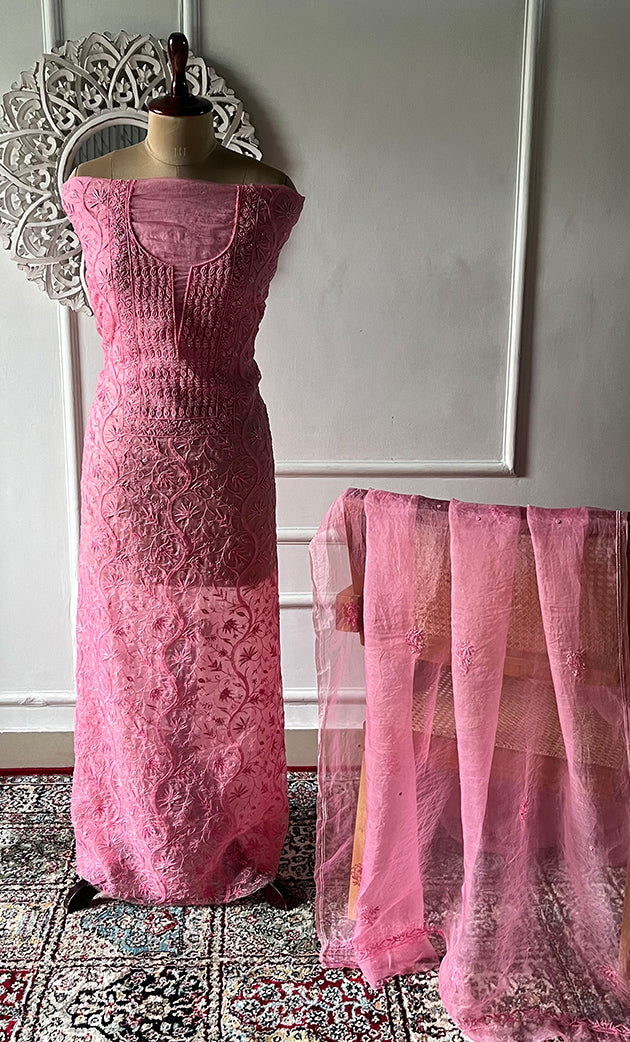 Women's Lakhnavi Handcrafted Pure Organza Chikankari Unstitched Kurta And Dupatta Set- HONC0327848