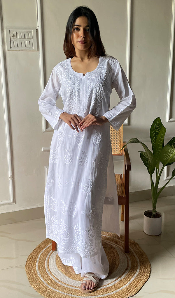Women's Lakhnavi Handcrafted Cotton Chikankari Top And Palazzo Set - HONC0299588