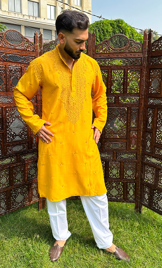 Men's Lucknowi Handcrafted Cotton Chikankari Kurta - HONC0324726