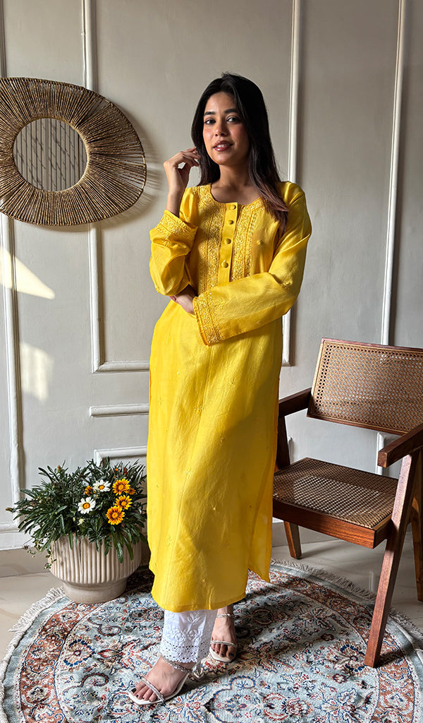 Ishita Women's Lucknowi Handcrafted Chanderi Silk Chikankari Kurti - HONC0340172