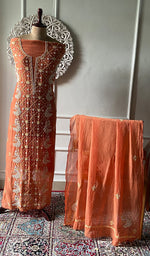 Orange Pure Mul Chanderi Chikankari 3 Pc Unstitched Suit Set
