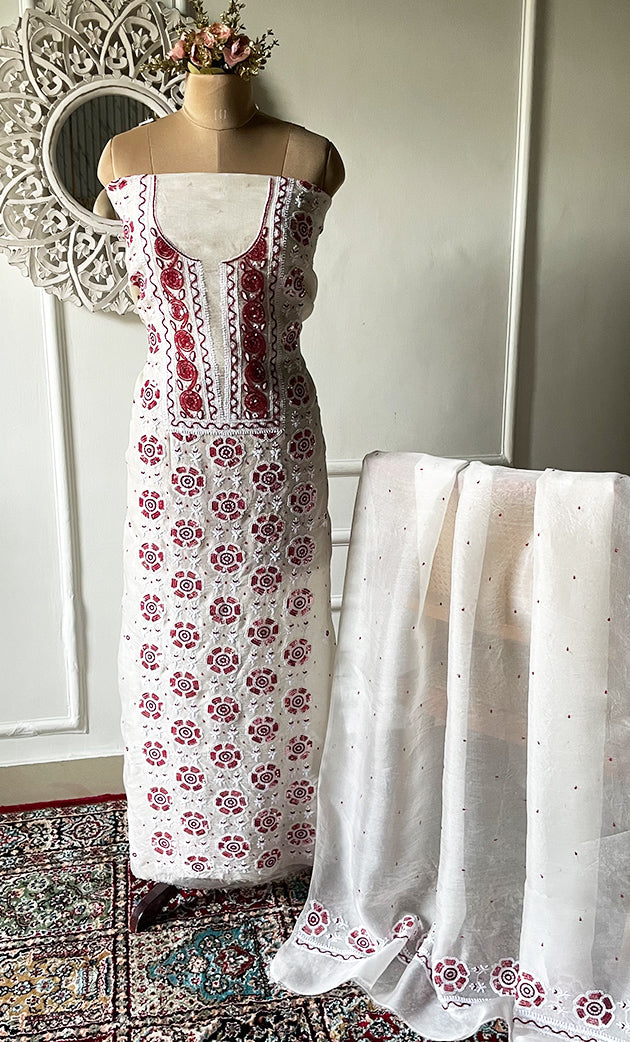 Women's Lakhnavi Handcrafted Pure Organza Chikankari Unstitched Kurta And Dupatta Set- HONC0328890