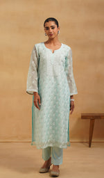 将图像加载到图库查看器中， Women's Lucknowi Handcrafted Pure Organza Silk Stitched Chikankari Kurta, Dupatta With Pant Set- HONC0543190