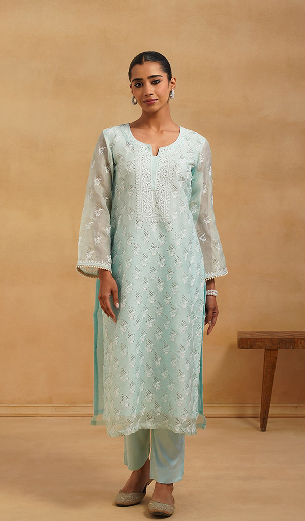 Women's Lucknowi Handcrafted Pure Organza Silk Stitched Chikankari Kurta, Dupatta With Pant Set- HONC0543190