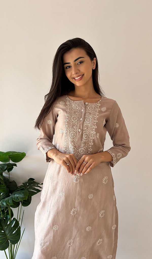 Women's Lakhnavi Handcrafted Maheshwari Mul Chanderi Chikankari Kurti - HONC0357548