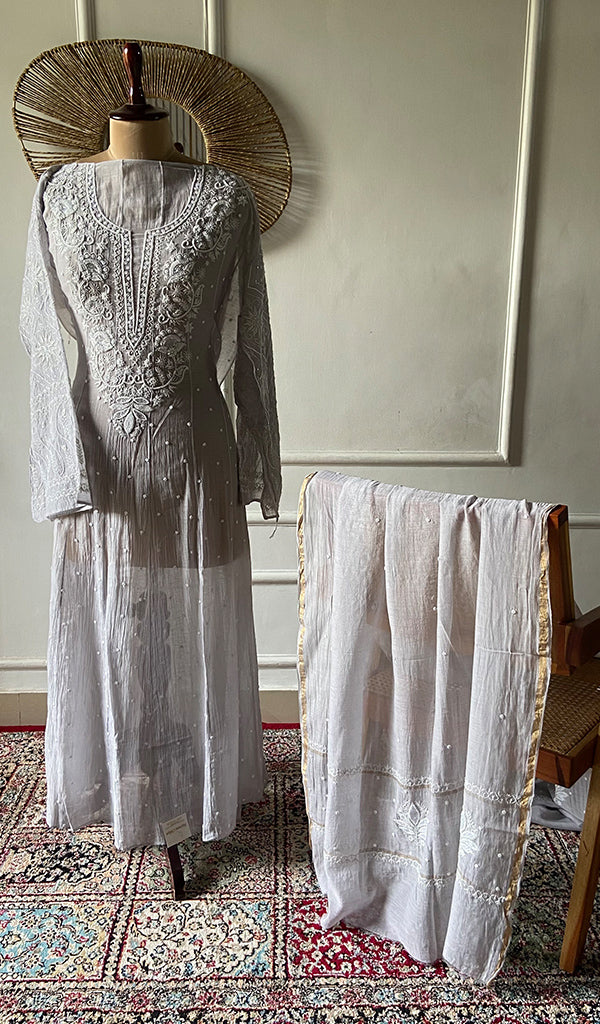 Basma Women's Lucknowi Handcrafted Mul Chanderi Semi - stitched Chikankari Anarkali Full Set - HONC0355629