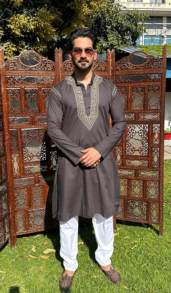 Men's Lucknowi Handcrafted Cotton Chikankari Kurta - HONC0327339