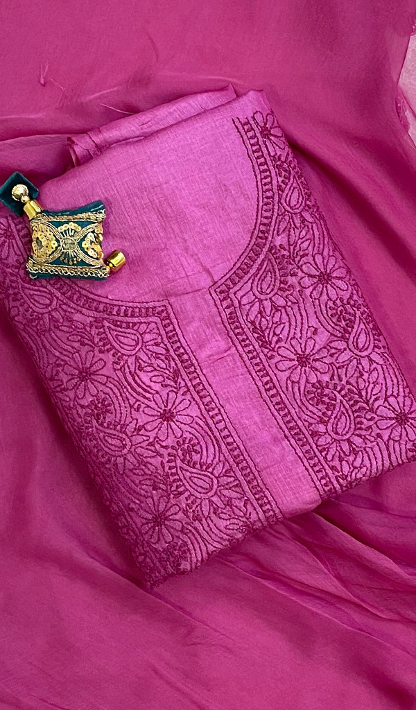 Women's Lakhnavi Handcrafted Tussar Silk Chikankari Kurta And Dupatta Set-HONC087987