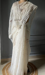 Load image into Gallery viewer, Women&#39;s Lucknowi Handcrafted Pure Organza Silk Chikankari Saree - HONC0306870
