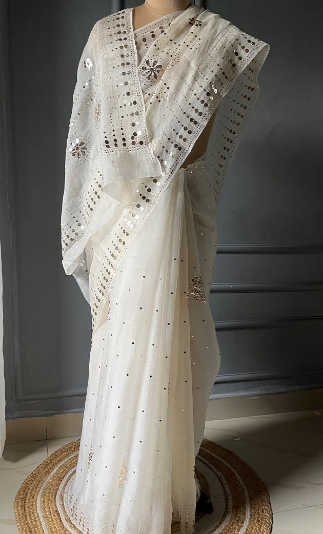 Women's Lucknowi Handcrafted Pure Organza Silk Chikankari Saree - HONC0306870