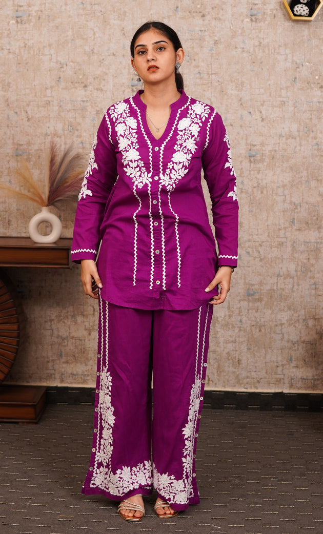 khayal Women's Lakhnavi Handcrafted Cotton Chikankari Kurti And Plazzo Set - HONC0323928