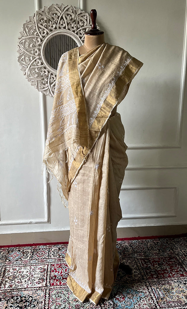 Women's Lakhnavi Handcrafted Munga Silk Chikankari Saree - HONC0314647