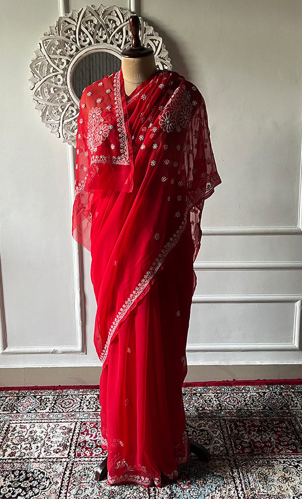 Women's Lucknowi Handcrafted  Faux-Georgette Chikankari Saree - HONC0311919