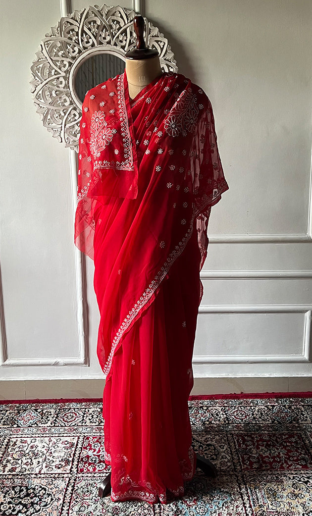 Women's Lucknowi Handcrafted  Faux-Georgette Chikankari Saree - HONC0311919