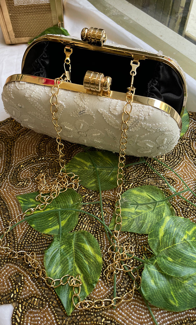 White Handcrafted Chikankari Clutch with Golden Chain - HONC0232412