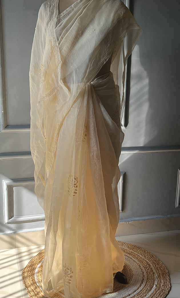 Amna Women's Lucknowi Handcrafted Pure Organza Silk Chikankari Saree - HONC0297165