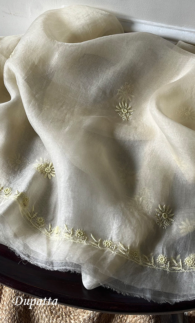 Women's Lakhnavi Handcrafted Pure Organza Chikankari Unstitched Kurta And Dupatta Set- HONC0263886
